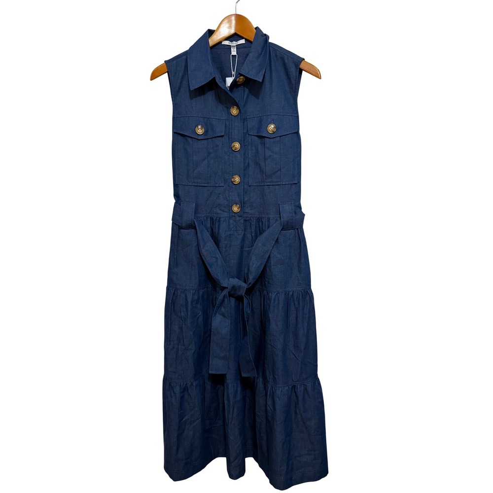 New Derek Lam 10 Crosby Women Midi Dress 10 Blue Cotton Tiered Utility Preppy
